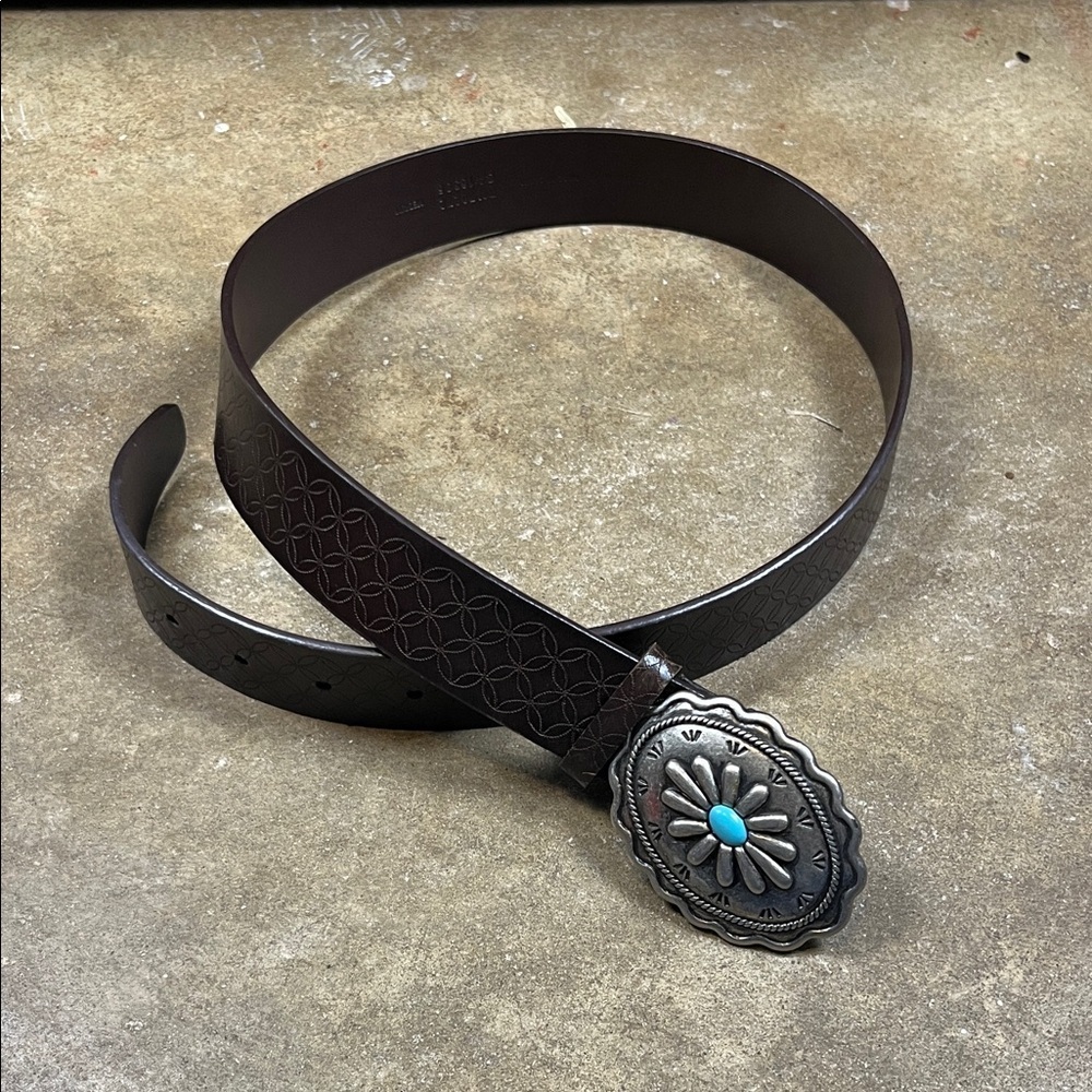 Brown Leather Belt with Silver/Turquoise Buckle
Size: Medium (37”)